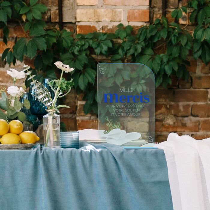 Panneau Merci mariage acrylique bleu transparent 19x30 cm - Blue Mediterraneo