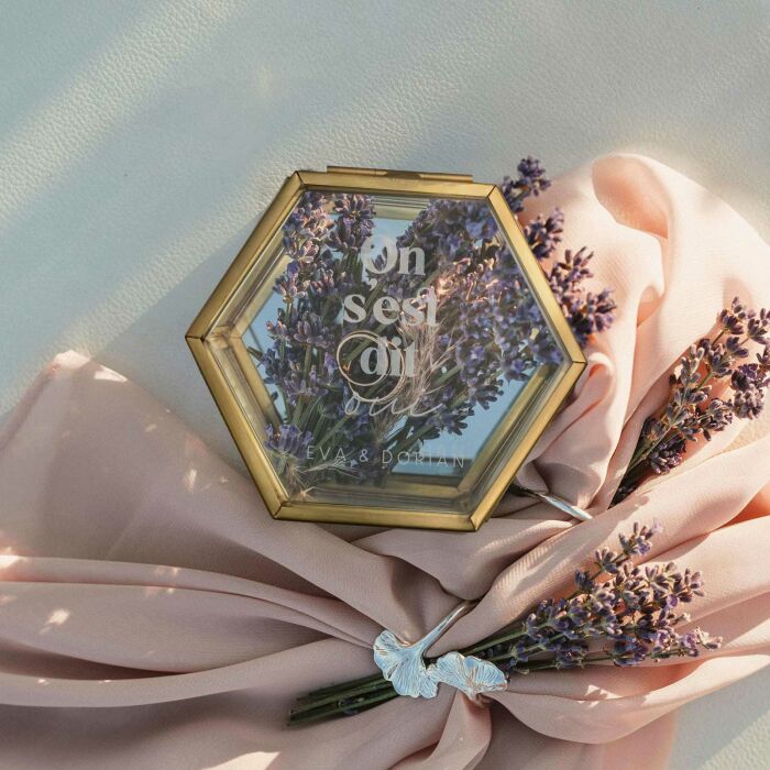 Boîte à alliances mariage personnalisée hexagonale illustration "Oui" verre gravé 8x7x4 cm - Pop