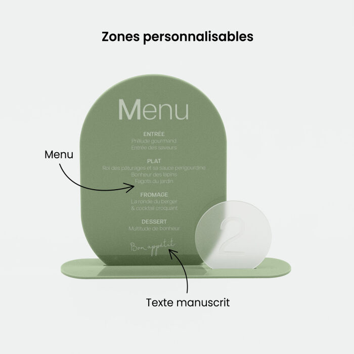 Menu mariage personnalisé acrylique vert 16x22 cm et numéro de table acrylique givré 8,5x8 cm - Garden