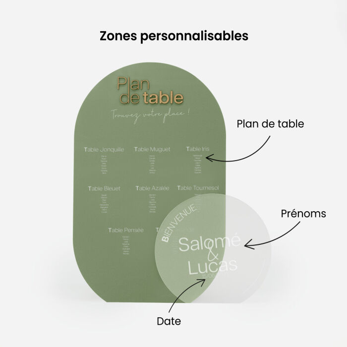 Ensemble de panneaux mariage personnalisés plan de table vert et panneau de bienvenue givré - Garden