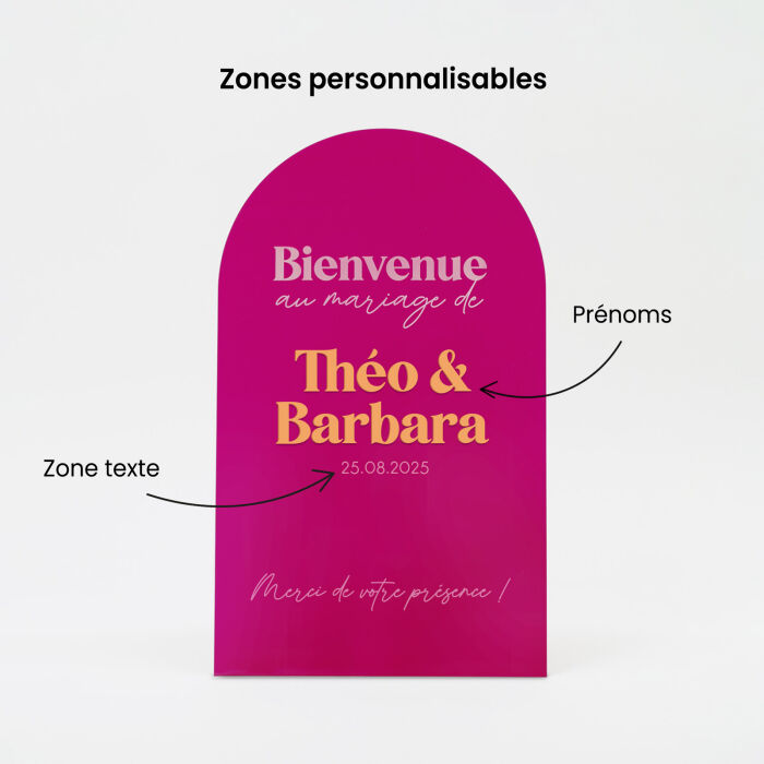 Panneau bienvenue mariage personnalisé acrylique fuchsia 58x98 cm - Pop