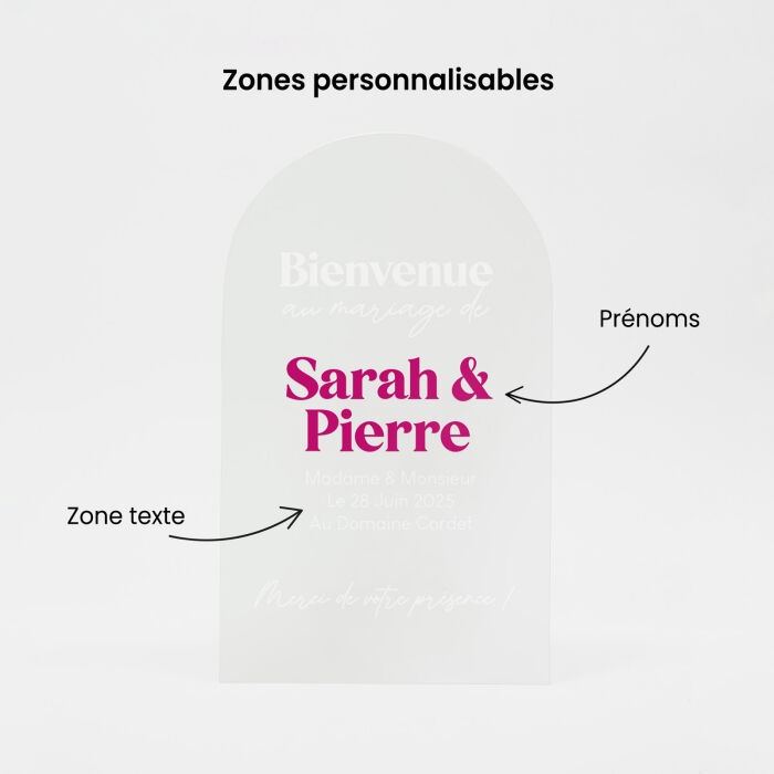 Panneau bienvenue mariage personnalisé acrylique givré 58x98 cm - Pop