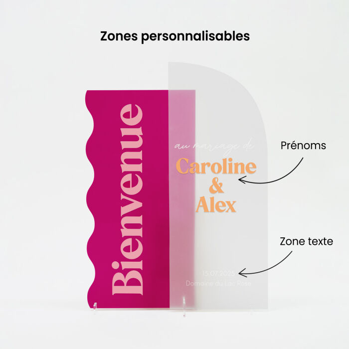 Panneau bienvenue double mariage personnalisé acrylique givré et acrylique fuchsia 58x98 cm - Pop