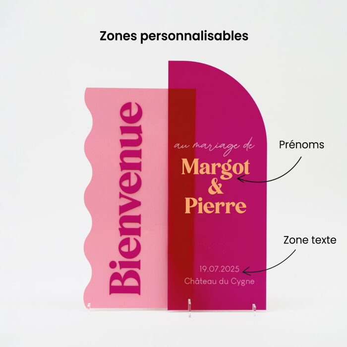 Panneau bienvenue double mariage personnalisé acrylique fuchsia et acrylique rose 58x98 cm - Pop