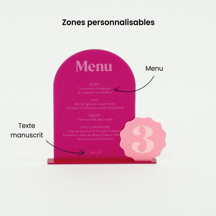 Menu mariage personnalisé acrylique fuchsia 14x20 cm et numéro de table acrylique rose 8x8 cm - Pop