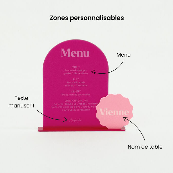 Menu mariage personnalisé acrylique fuchsia 14x20 cm et nom de table acrylique rose 8x8 cm - Pop