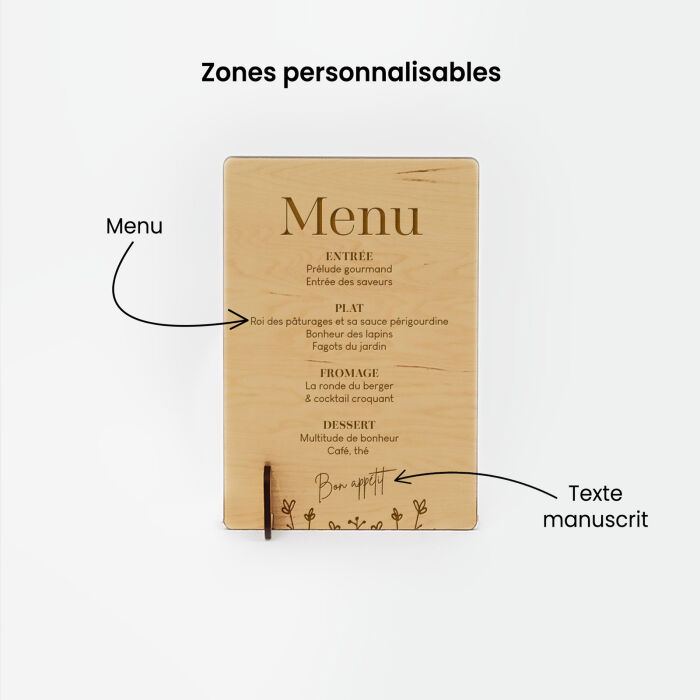 Menu mariage personnalisé bois 14x20 cm - Bohème