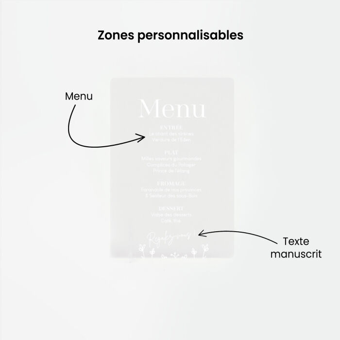 Menu mariage personnalisé acrylique givré 14x20 cm - Bohème