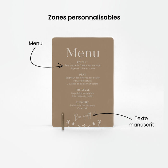 Menu mariage personnalisé acrylique beige 14x20 cm - Bohème