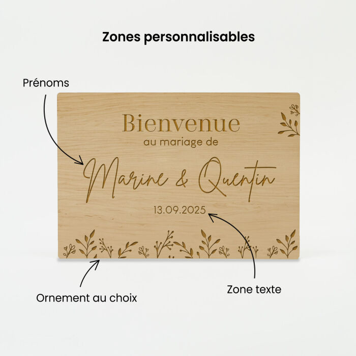 Panneau bienvenue mariage personnalisé bois 80x55 cm - Bohème