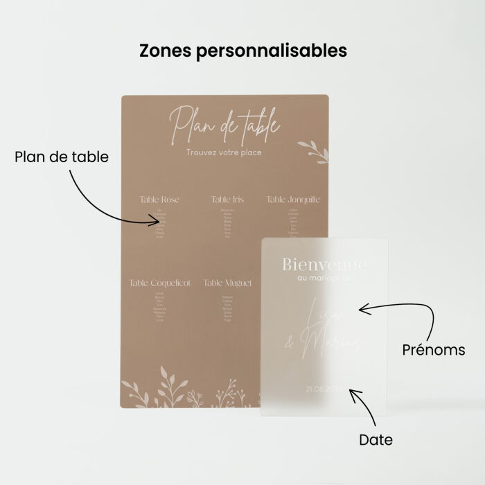 Ensemble de panneaux mariage personnalisés plan de table beige et panneau de bienvenue - Bohème