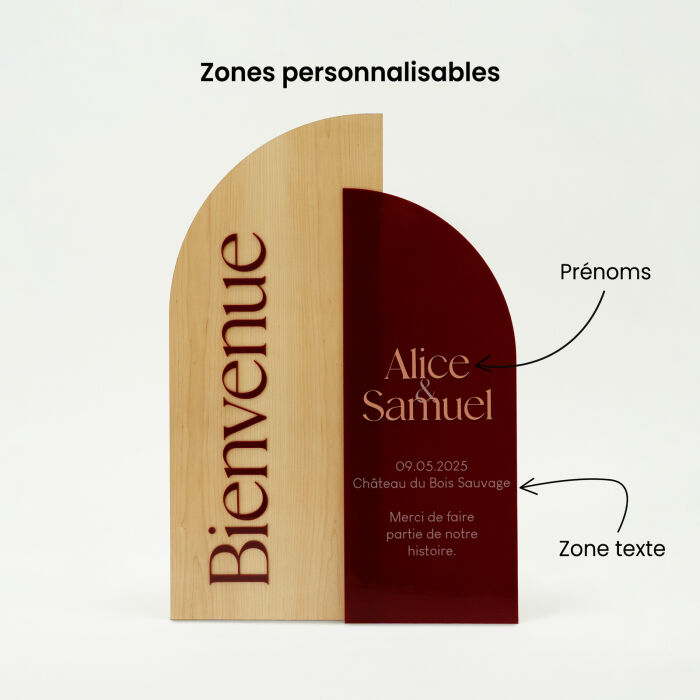 Panneau bienvenue double mariage personnalisé acrylique rouge carmin et bois - Terracotta