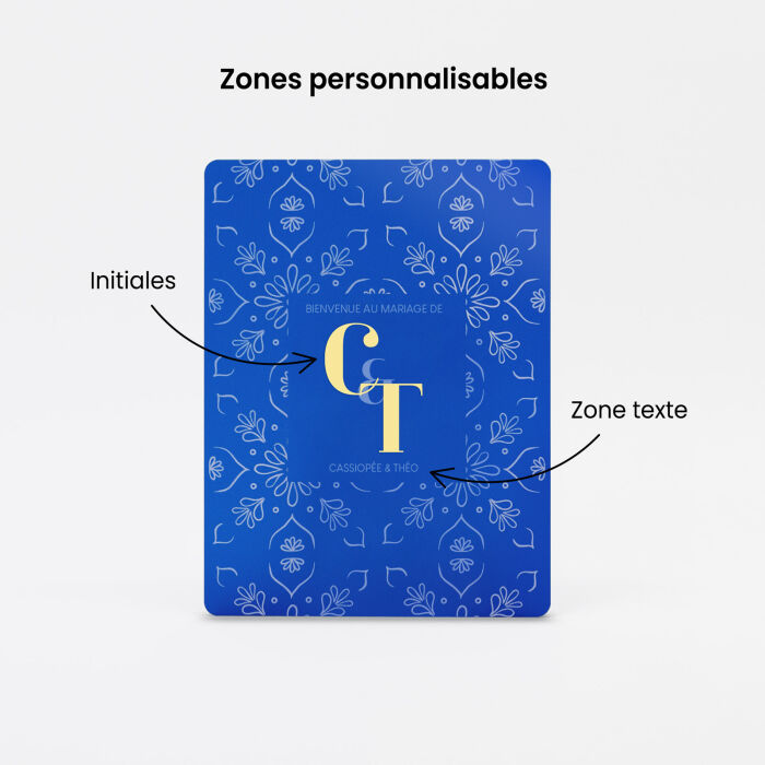 Panneau bienvenue mariage personnalisé initiales acrylique bleu givré 59x78 cm - Blue Mediterraneo