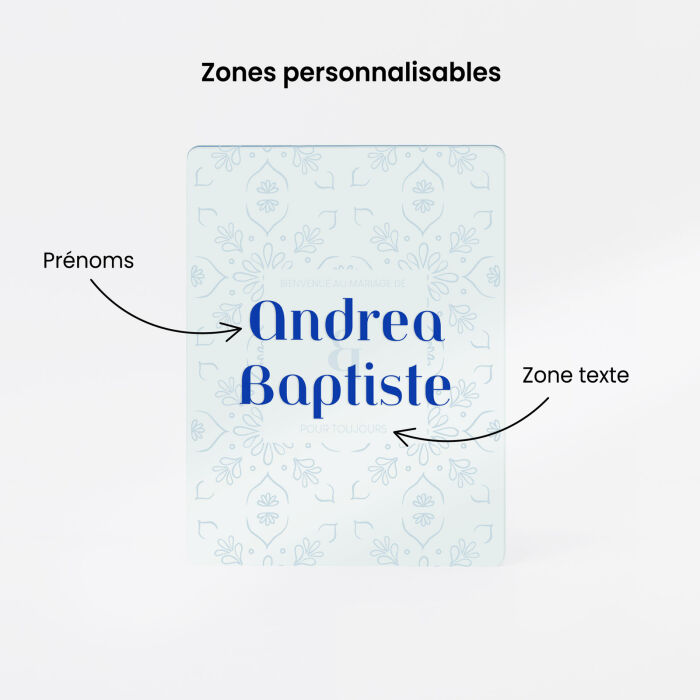 Panneau bienvenue mariage personnalisé prénoms acrylique bleu transparent 59x78 cm - Blue Mediterraneo