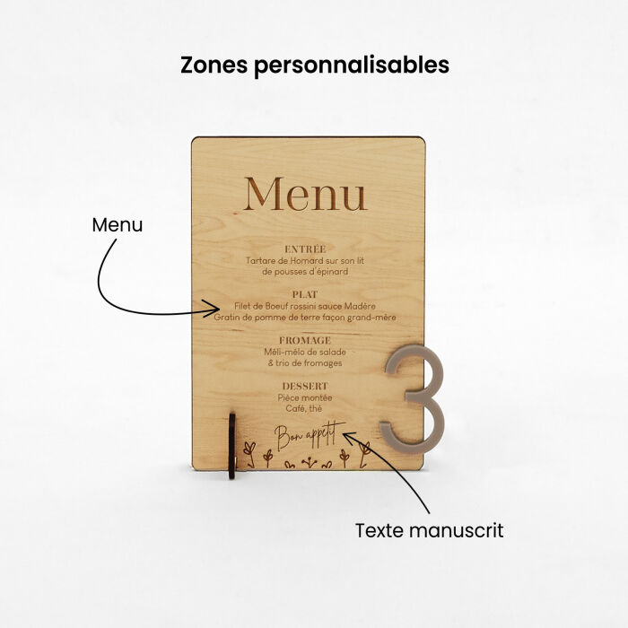 Menu mariage personnalisé bois 14x20 cm et numéro de table acrylique beige - Bohème