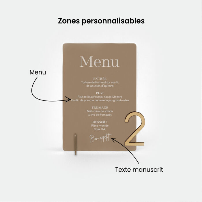 Menu mariage personnalisé acrylique beige 14x20 cm et numéro de table bois - Bohème