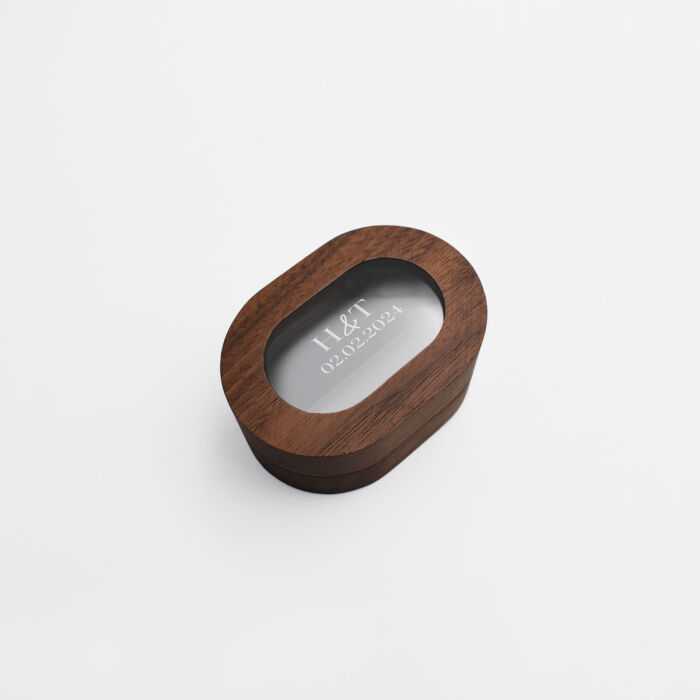 Boîte à alliances mariage personnalisée ovale bois 9,7x5x2,8 cm - Bohème