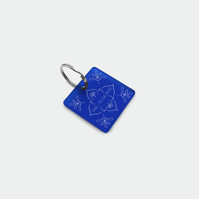 Porte-clés mariage personnalisé carré acrylique bleu givré 4x4 cm - Blue Mediterraneo