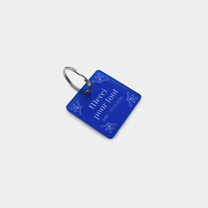 Porte-clés mariage personnalisé carré acrylique bleu givré 4x4 cm - Blue Mediterraneo
