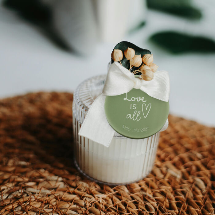 Etiquette cadeau mariage personnalisée illustration acrylique vert 3,5x3,5 cm - Garden