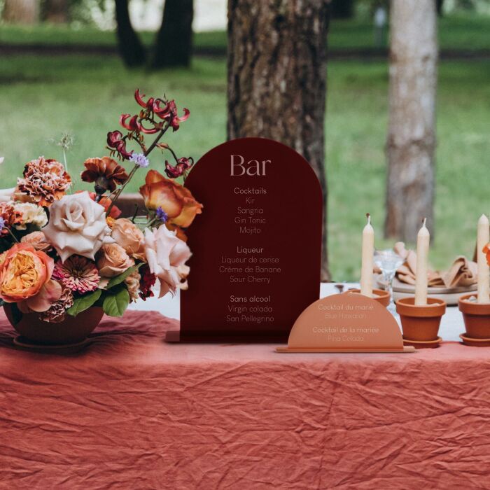 Panneau bar double mariage personnalisé acrylique rouge carmin et acrylique terre brûlée - Terracotta