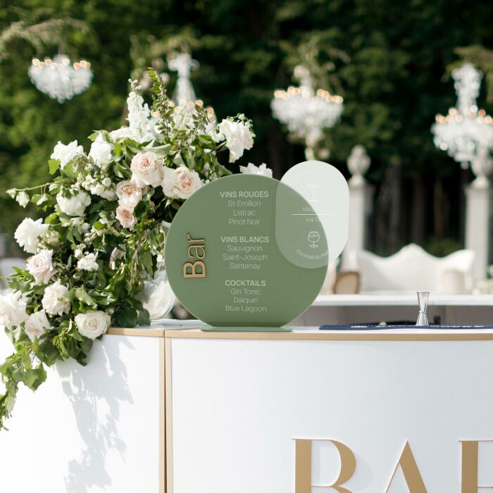 Panneau bar mariage rond personnalisé acrylique vert 30x29 cm - Garden