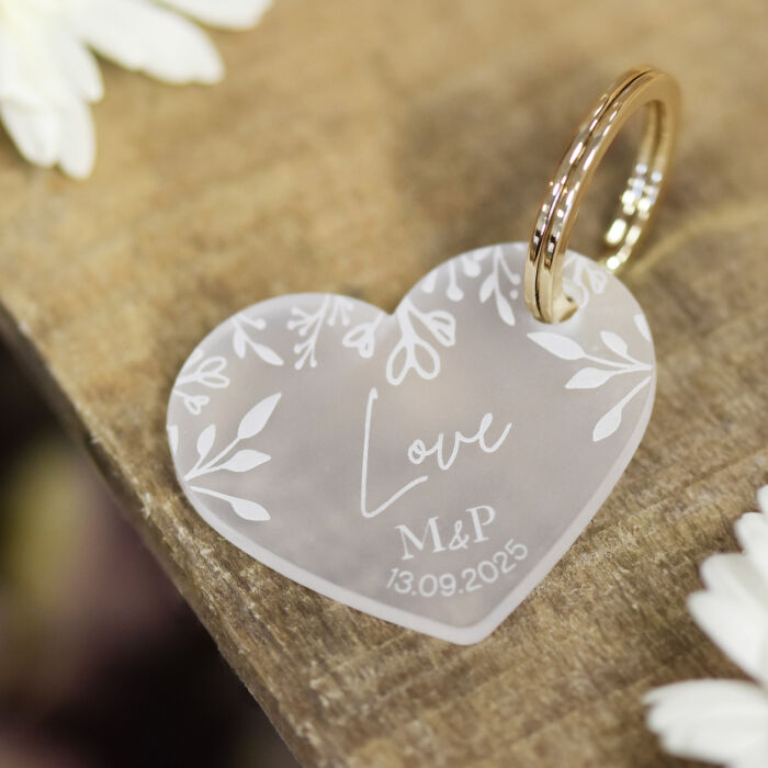 Porte-clés mariage personnalisé coeur acrylique givré 4,5x3,7 cm - Bohème - ambiance