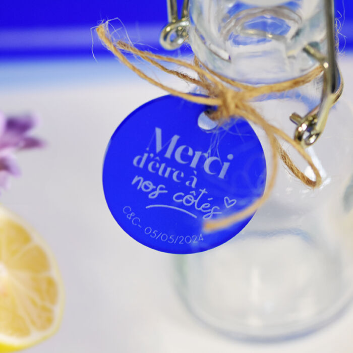 Etiquette cadeau mariage personnalisée illustration acrylique bleu givré 3,5x3,5 cm - Blue Mediterraneo