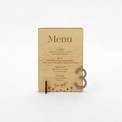 Menu personnalisé bois 135x196 et numéro de table acrylique beige - Bohème