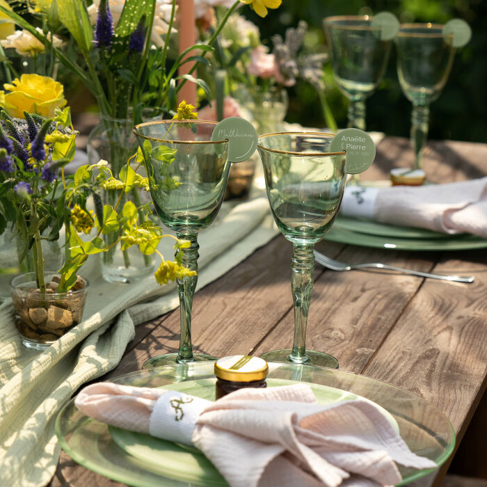 Marque-verre mariage personnalisé prénoms invités acrylique vert 4x4 cm - Garden