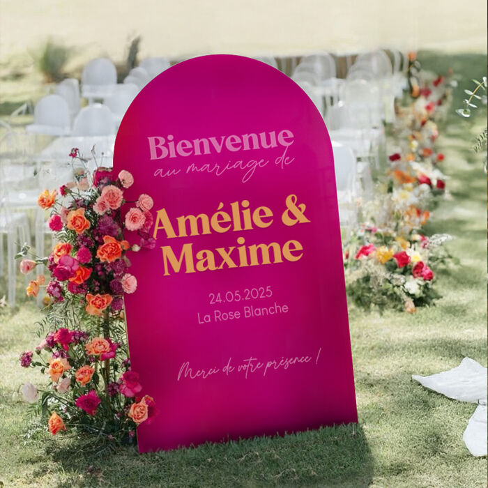 Panneau bienvenue mariage personnalisé acrylique fuchsia 58x98 cm - Pop