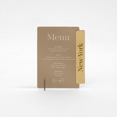 Menu personnalisé acrylique beige 135x196 et nom de table bois - Bohème