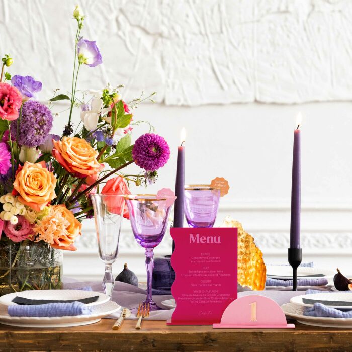 Menu mariage personnalisé acrylique fuchsia 14x20 cm - Pop