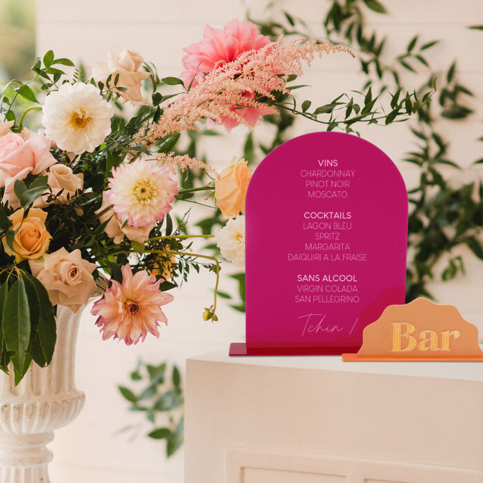Panneau bar double mariage personnalisé acrylique fuchsia et acrylique orange - Pop