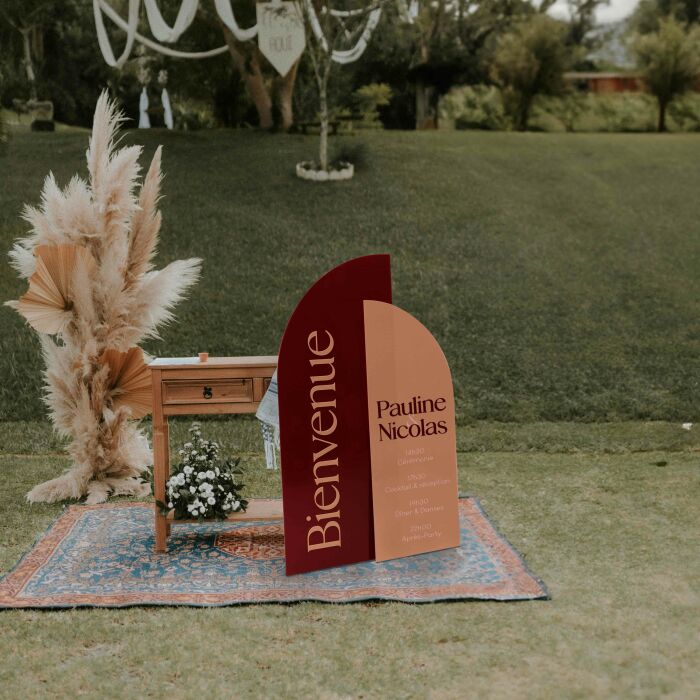 Panneau bienvenue double mariage personnalisé acrylique terre brûlée et acrylique rouge carmin - Terracotta