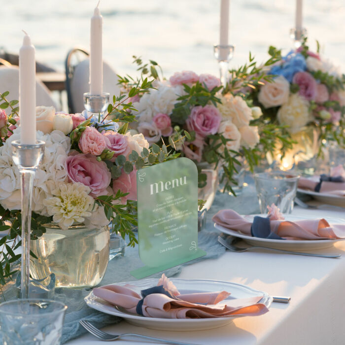 Menu mariage personnalisé acrylique ciel givré 13x20 cm - Blue Mediterraneo