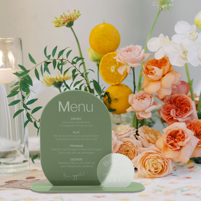 Menu mariage personnalisé acrylique vert 16x22 cm et nom de table acrylique givré 8,5x8 cm - Garden