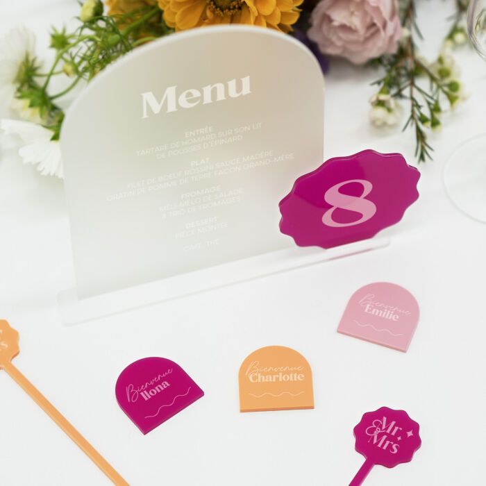 Marque-place personnalisé acrylique fuchsia 40x40 mm - Pop