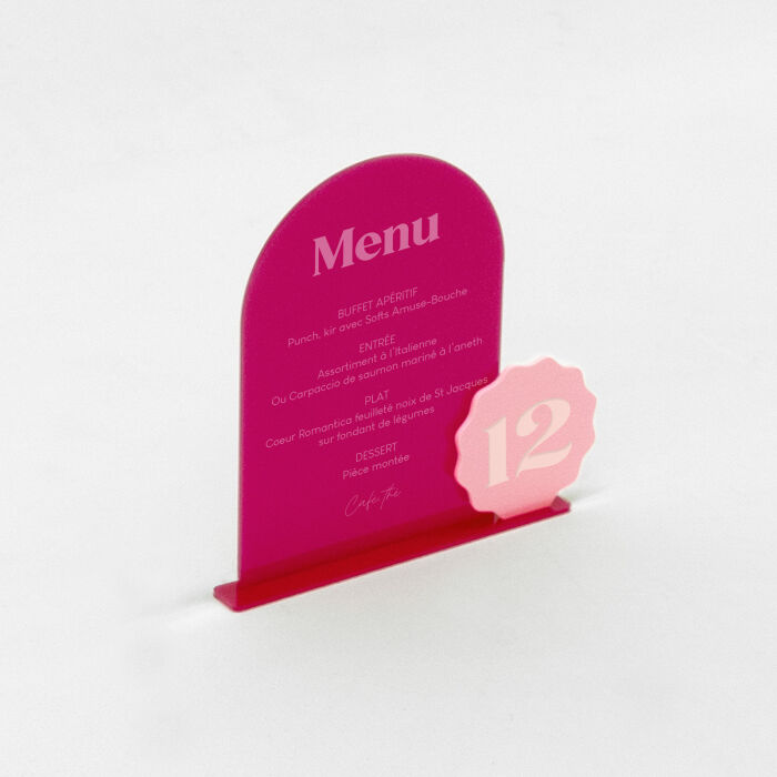 Menu personnalisé acrylique fuchsia 135x196 mm et numéro de table acrylique rose - Pop