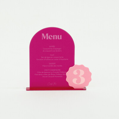 Menu personnalisé acrylique fuchsia 135x196 mm et numéro de table acrylique rose - Pop