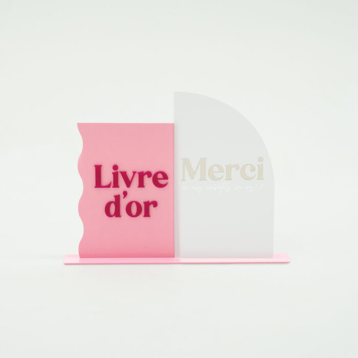 Panneau livre d'or acrylique rose et acrylique fuchsia 180x247 mm et panneau merci acrylique givré et acrylique iridescent 175x304 mm - Pop