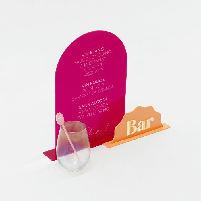 Signalétique bar double personnalisée acrylique fuchsia 245x330 mm et acrylique orange 197x99 mm - Pop