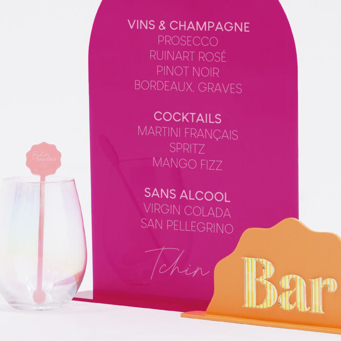 Signalétique bar double personnalisée acrylique fuchsia 245x330 mm et acrylique orange 197x99 mm - Pop