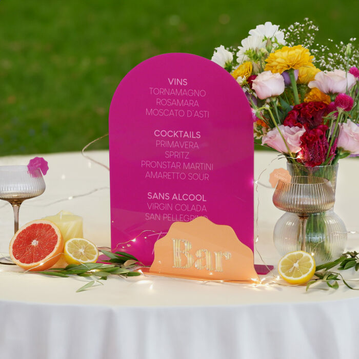 Signalétique bar double personnalisée acrylique fuchsia 245x330 mm et acrylique orange 197x99 mm - Pop