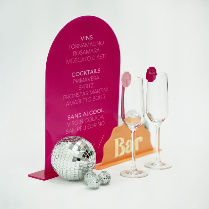 Signalétique bar double personnalisée acrylique fuchsia 245x330 mm et acrylique orange 197x99 mm - Pop