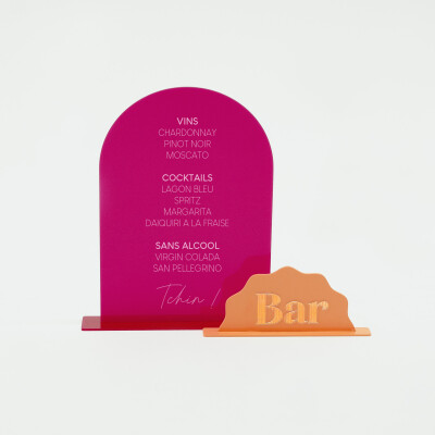 Signalétique bar double personnalisée acrylique fuchsia 245x330 mm et acrylique orange 197x99 mm - Pop