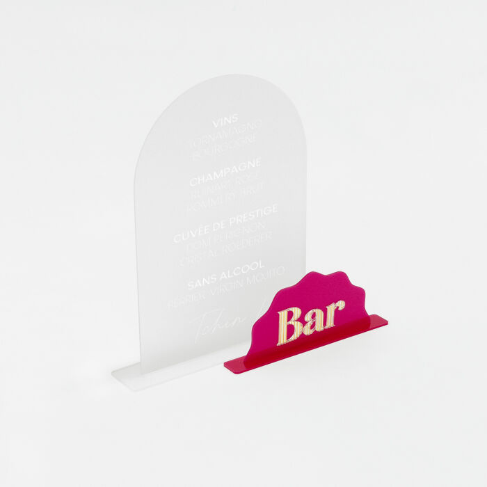 Signalétique bar double personnalisée acrylique givré 245x330 mm et acrylique fuchsia 197x99 mm - Pop