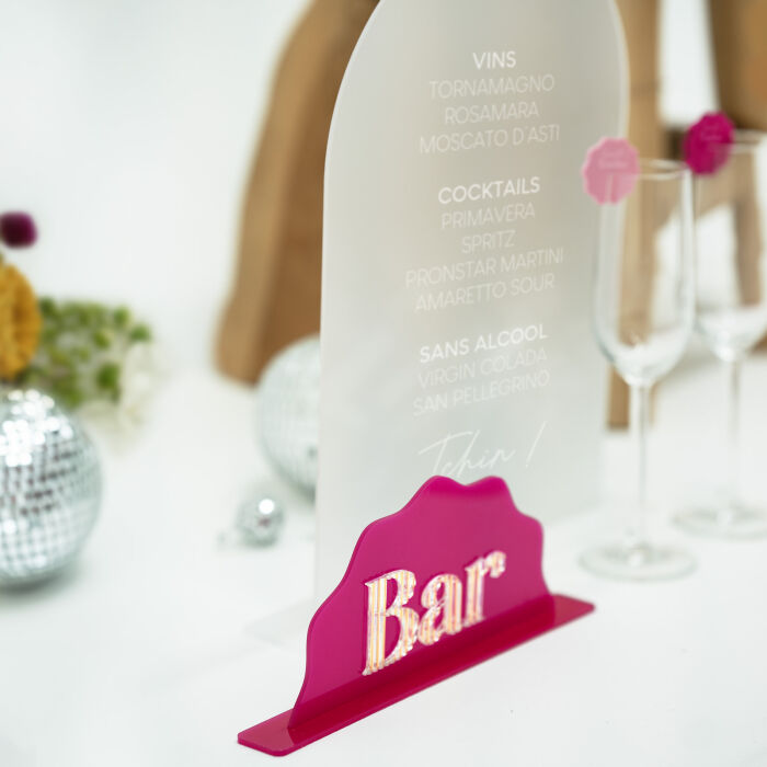 Signalétique bar double personnalisée acrylique givré 245x330 mm et acrylique fuchsia 197x99 mm - Pop
