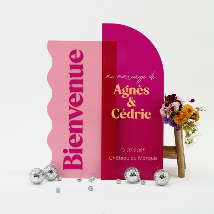 Panneau bienvenue double personnalisé acrylique fuchsia 585x980 mm et acrylique rose - Pop