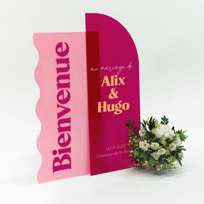 Panneau bienvenue double personnalisé acrylique fuchsia 585x980 mm et acrylique rose - Pop